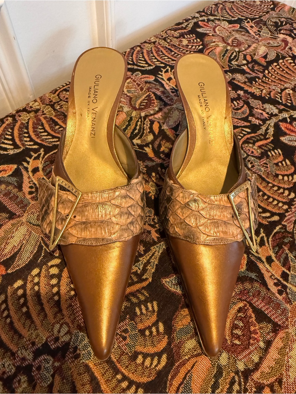 Giuliano Venanzi Metallic Bronze Pointed Mule Heels, leather size 39